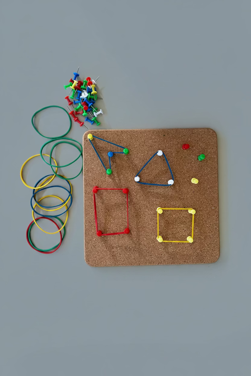 A children's geometric pegboard activity toy on a light gray background, featuring a square cork board with colorful wooden pegs, sticks, and shape frames, alongside a pile of multicolored rubber bands and loose pins.