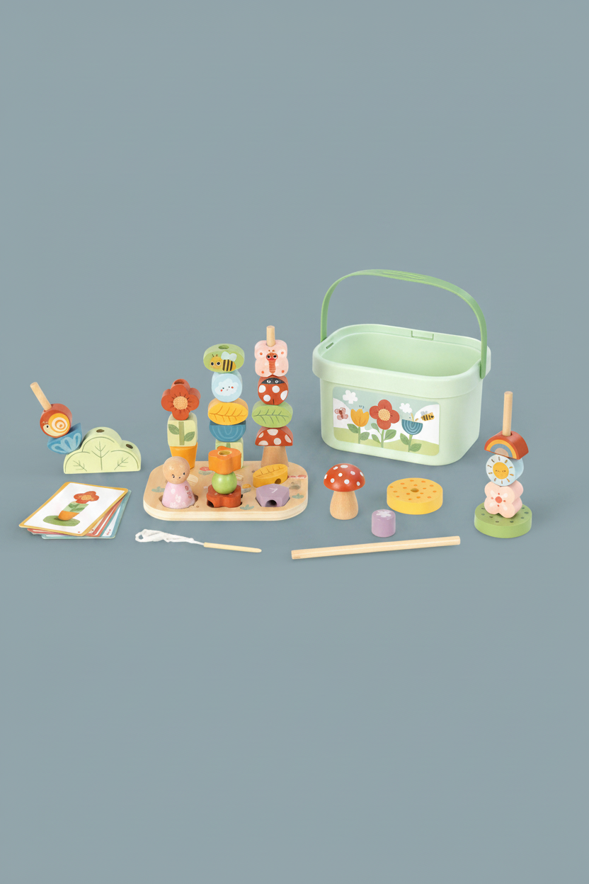 Set of wooden toys including a stacker, basket, and various other items on a light beige background