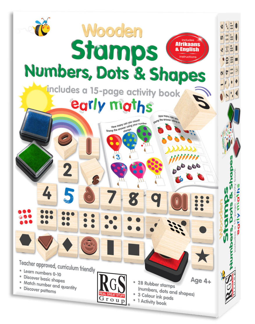 Box of wooden stamps with numbers, dots, and shapes and an activity book on a white background