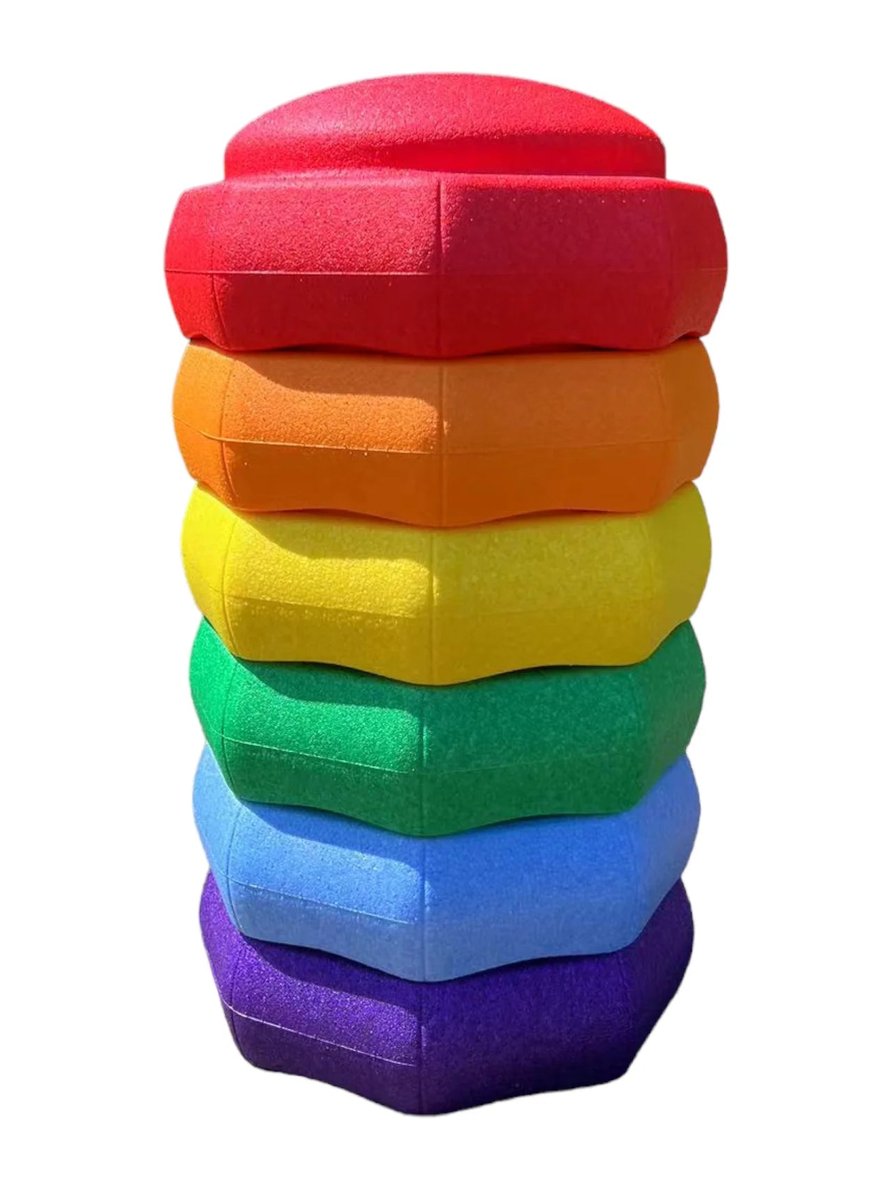 Rainbow stepping stones stacked neatly for storage, showing compact design for home or classroom use