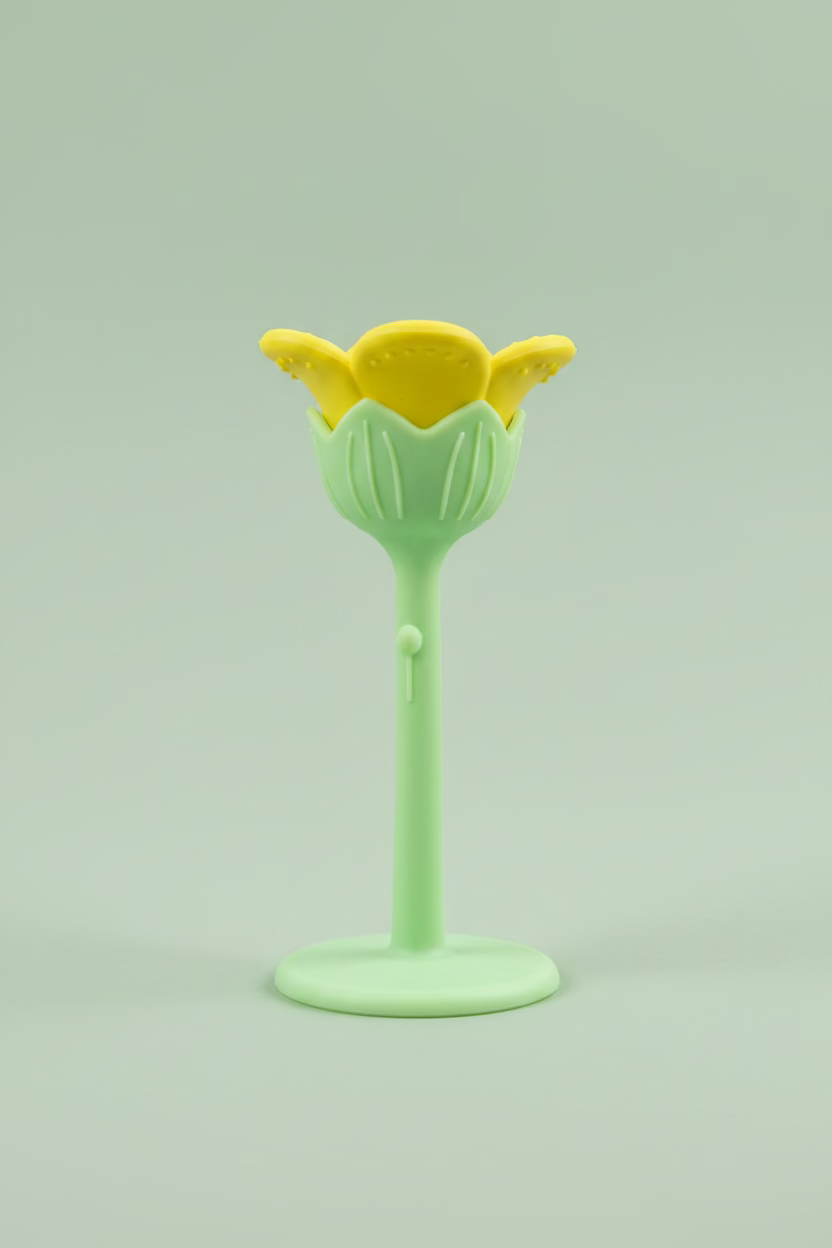 A small flower-silicone teether with a yellow top and a light green stem and base, photographed against a wooden surface.