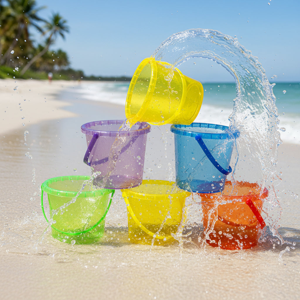 Set of six colorful plastic buckets on a white background