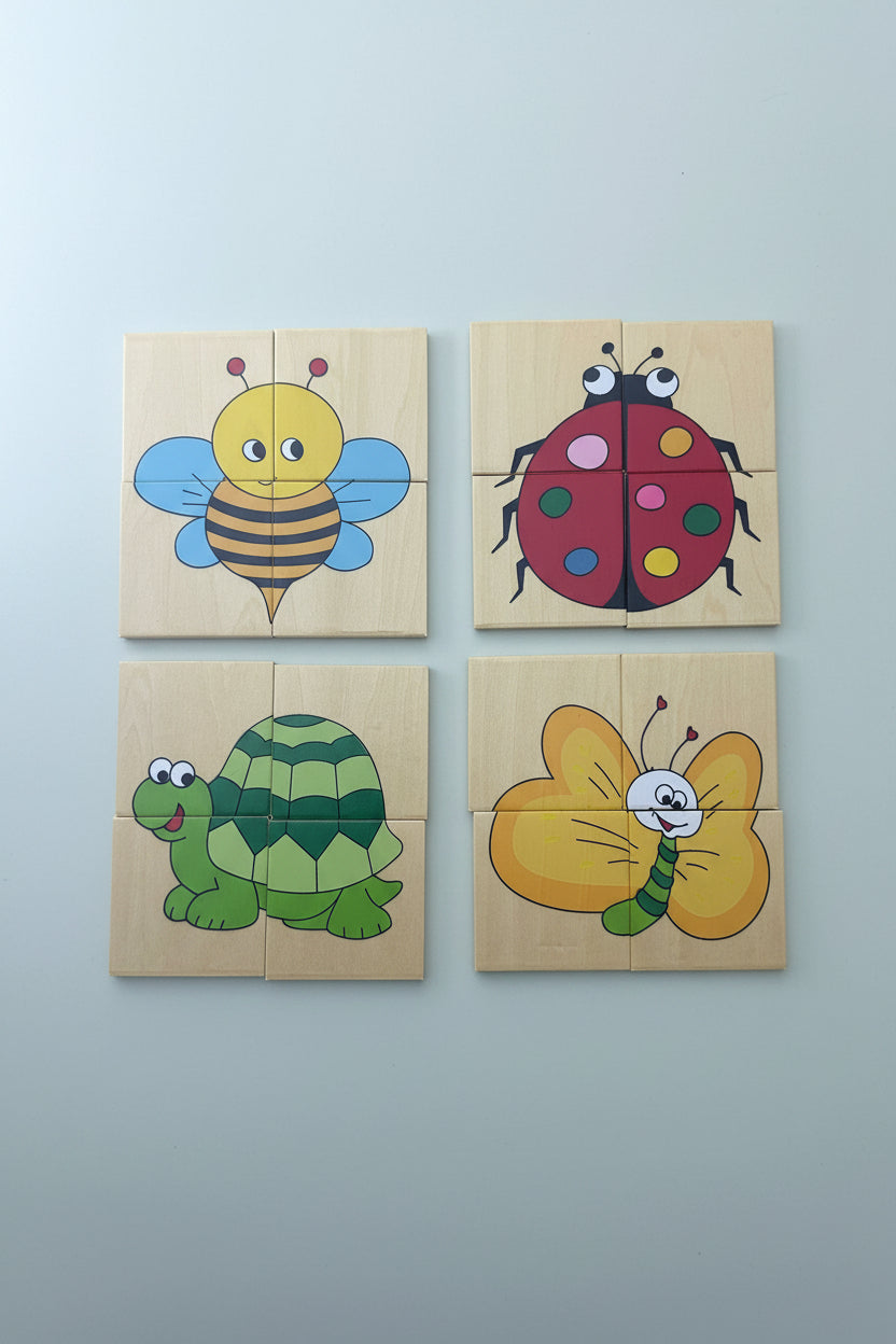 wooden block puzzle 4 puzzles of 4 pieces each in a wooden box