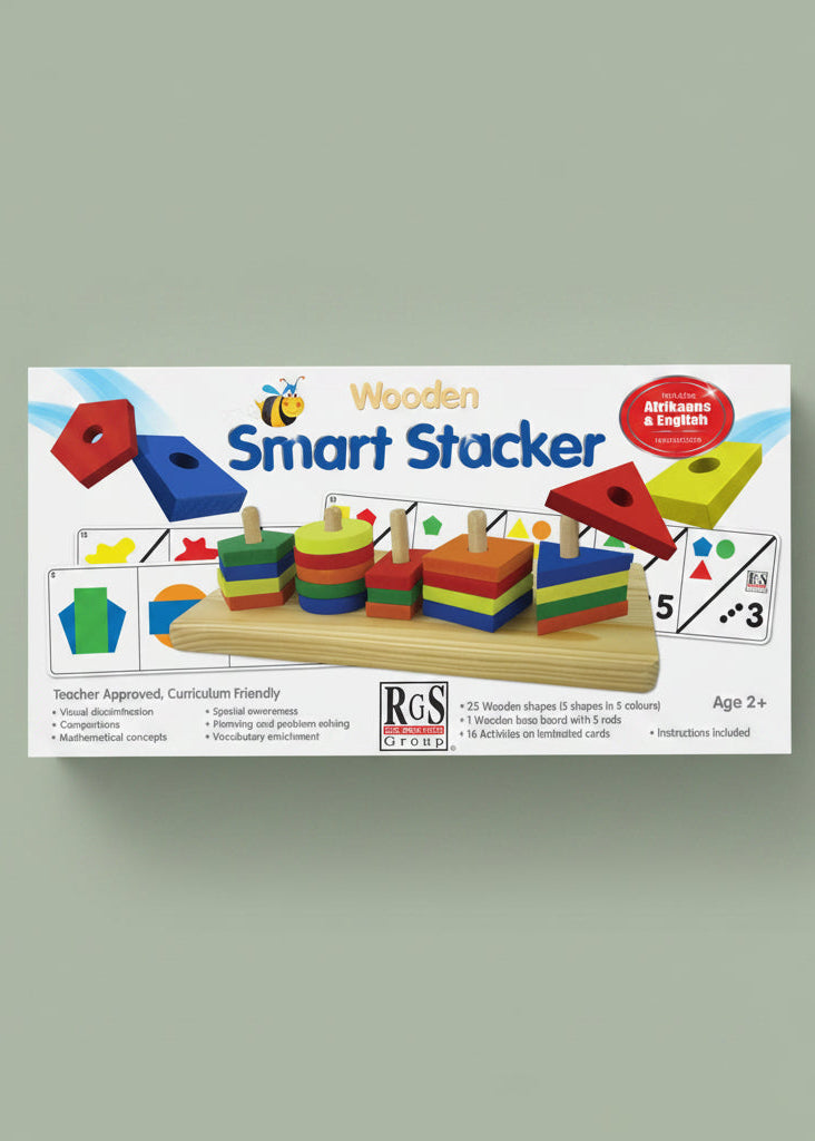 Wooden Smart Stacker educational toy on a green background