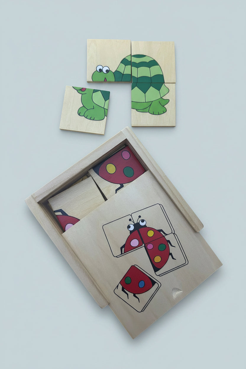 Wooden puzzle with colorful ladybug and caterpillar pieces 