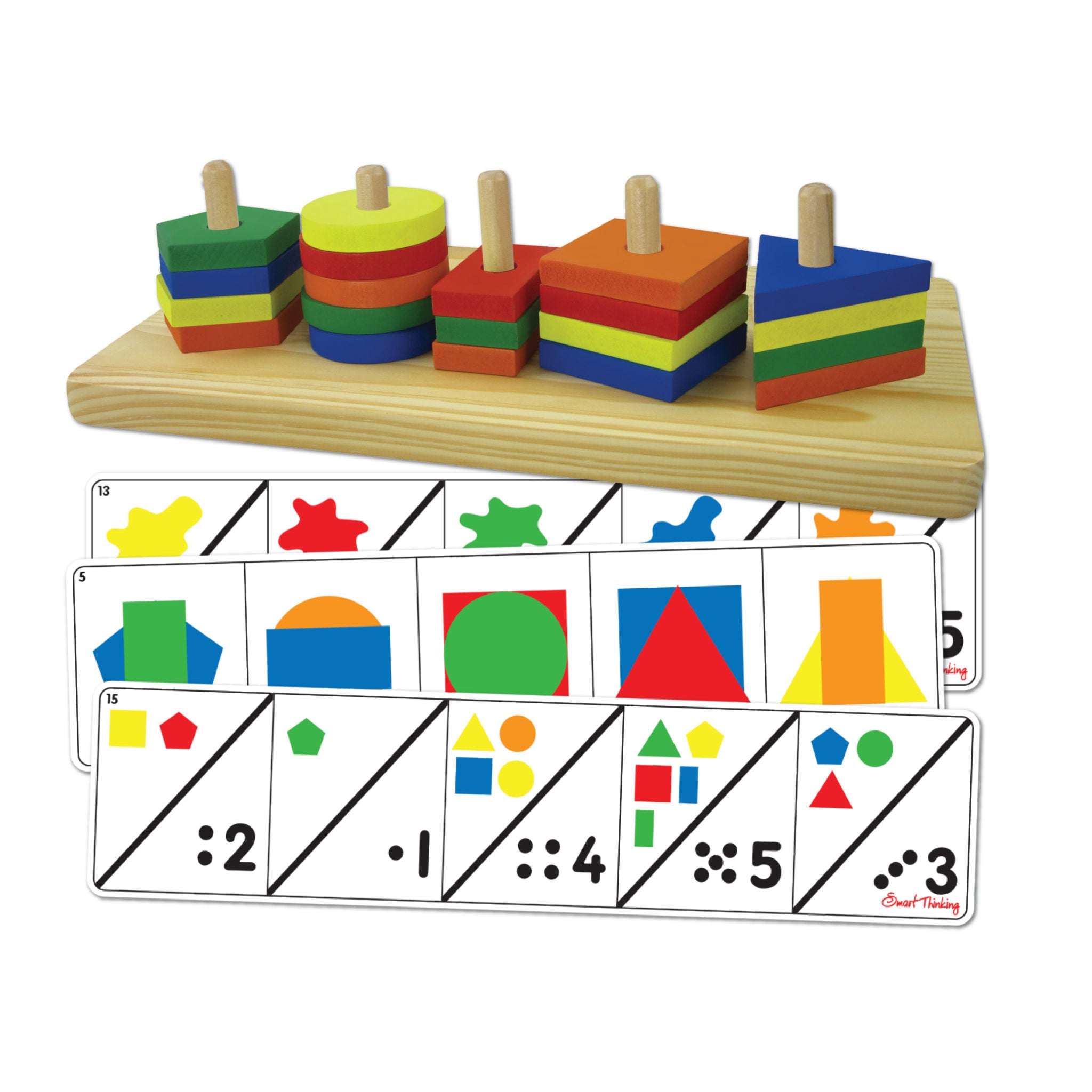 Colorful geometric shape sorting toy with wooden base and educational cards below.