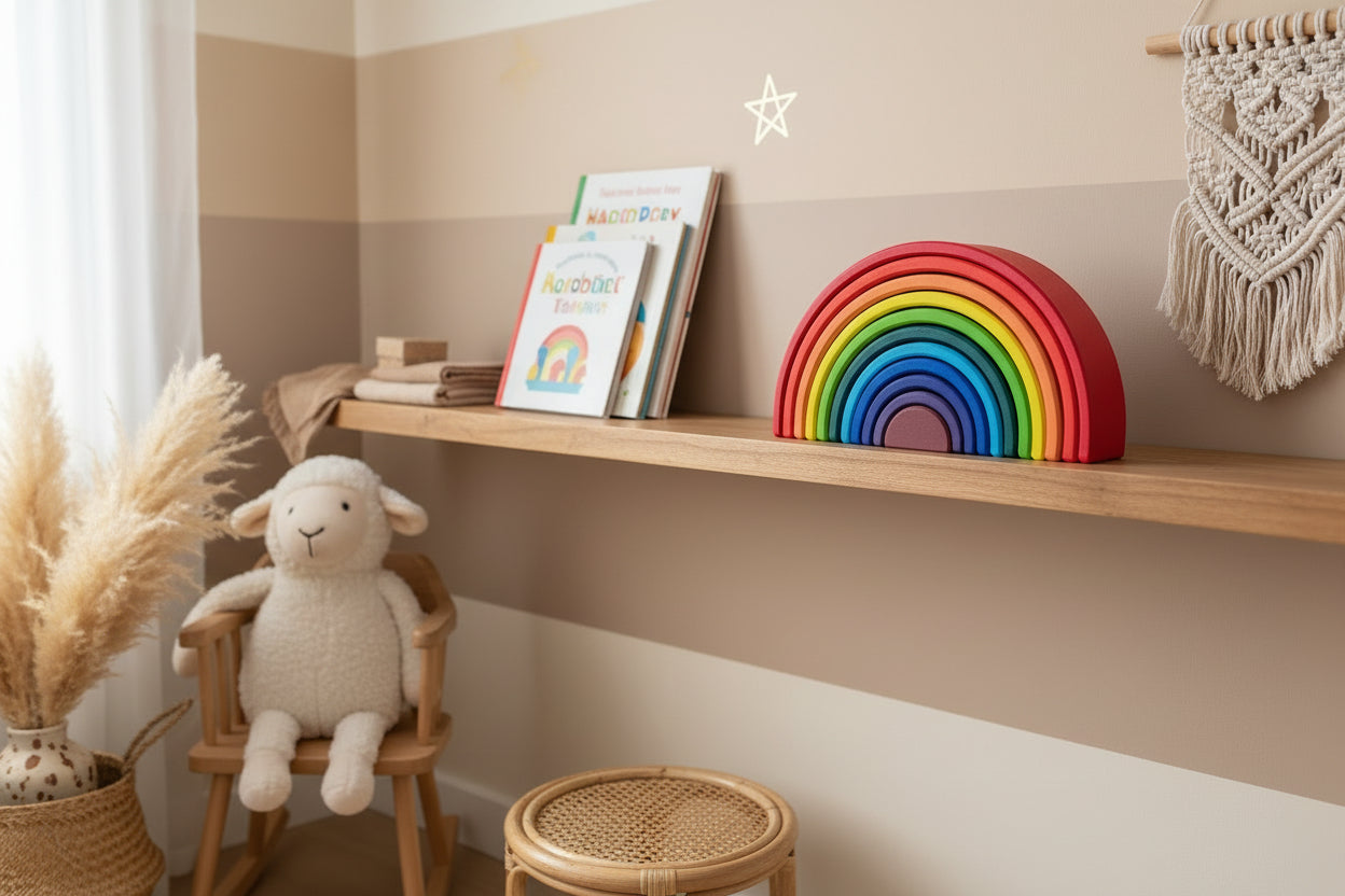 wooden rainbow in nursery shelve 
